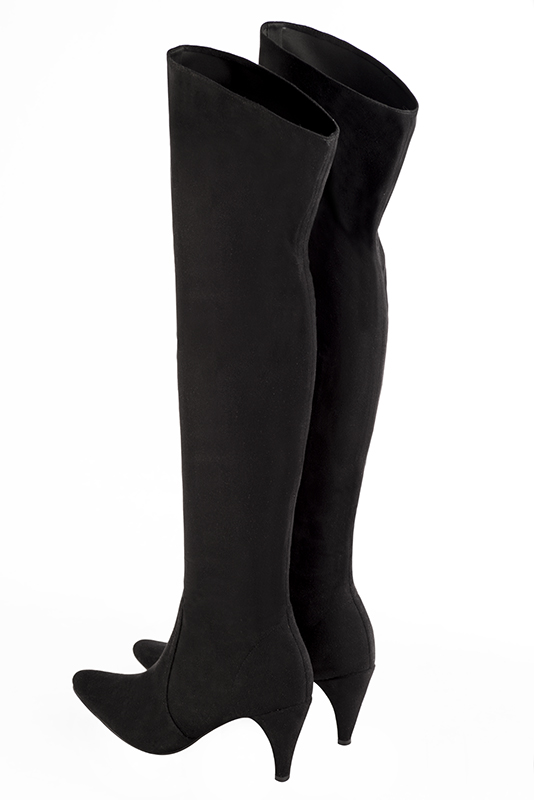 Matt black women's stretch thigh-high boots. Tapered toe. High slim heel. Made to measure. Rear view - Florence KOOIJMAN